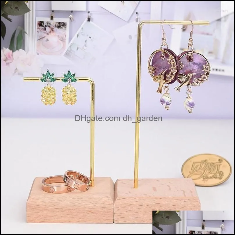 Jewelry Pouches Simple Wooden Base Metal Display Stand For Dangle Earrings Hanging Rack Ring Studs Tray