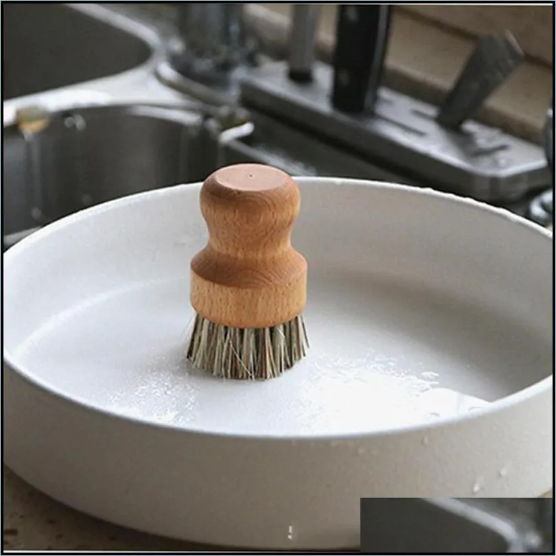 Palm Pot Wash Brush Wooden Round Mini Dish Brush Natural Scrub Brush Durable Scrubber Short Handle Cleaning Dishes Kitchen Kit