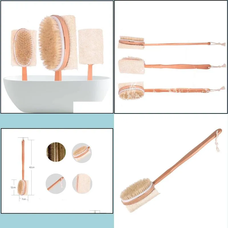 wood handle loofah body brush multi-function exfoliating dead skin dry brushing bath brush with boar bristles