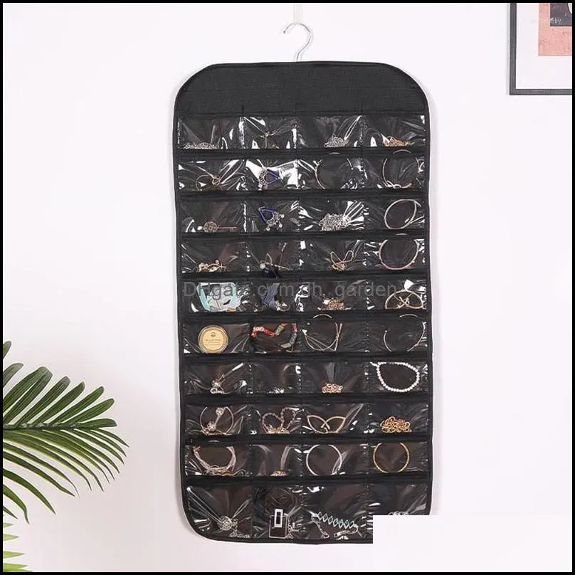 Jewelry Pouches Hanging Organizer Storage With Zipper Pocket Double Sided 80Grids Necklace Bracelet Earring Display