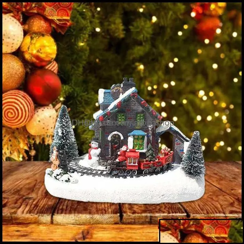 decorative objects figurines home accents decor garden christmas village led lights small train house luminous landscape resin desktop