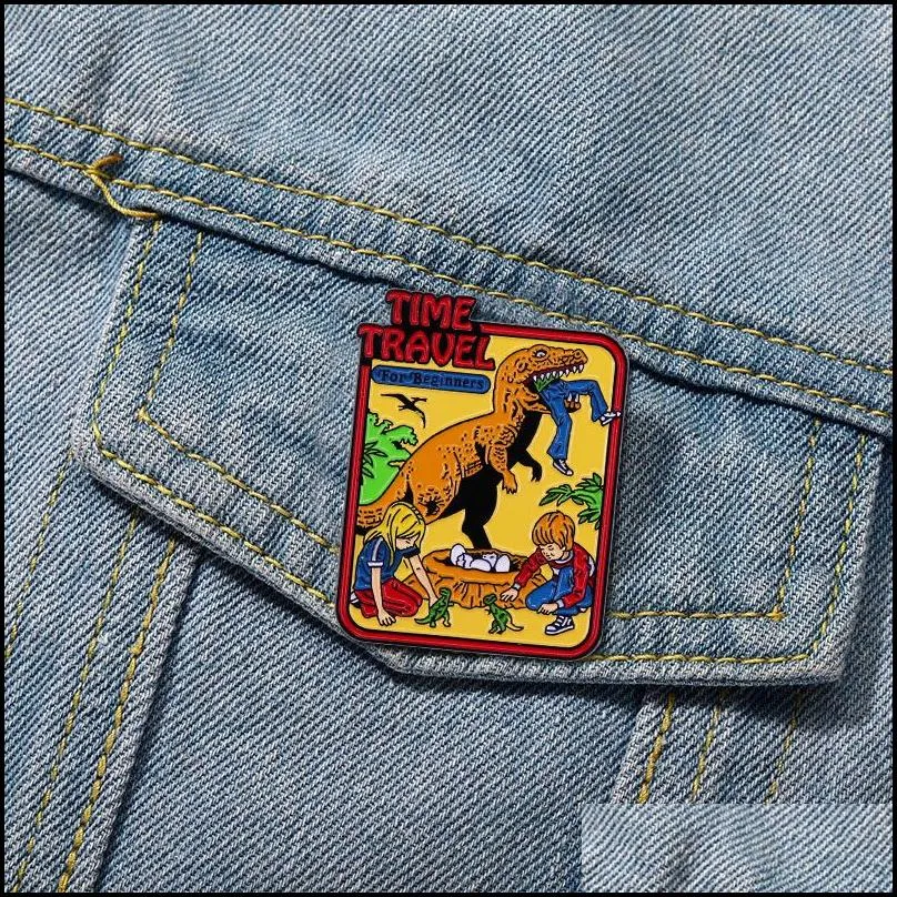 Time Travel for Beginners Enamel Lapel Pin Dinosaur Evil Art Badge Brooch Retro Comic Backpack Decoration Fashion Jewelry