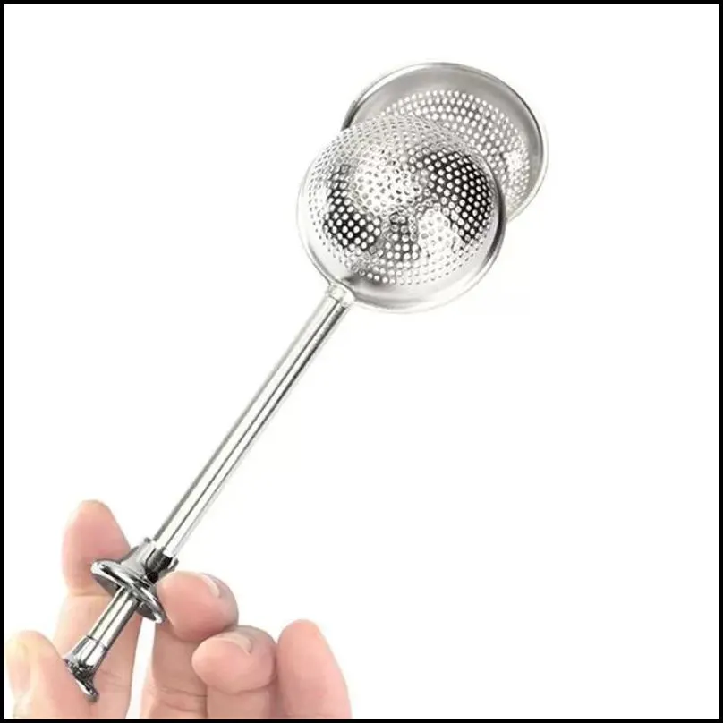 Tea Strainer Ball Push Teas Infuser Loose Leaf Herbal Teaspoon Strainers Filter Diffuser Home Kitchen Bar Drinkware Stainless 0513