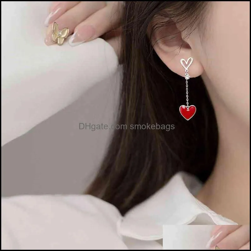 Korean New Asymmetric Red Heart Stud For Women Creative Hollow ECG Tassel Zircon Pearl Earrings Girl Party Jewelry Gift
