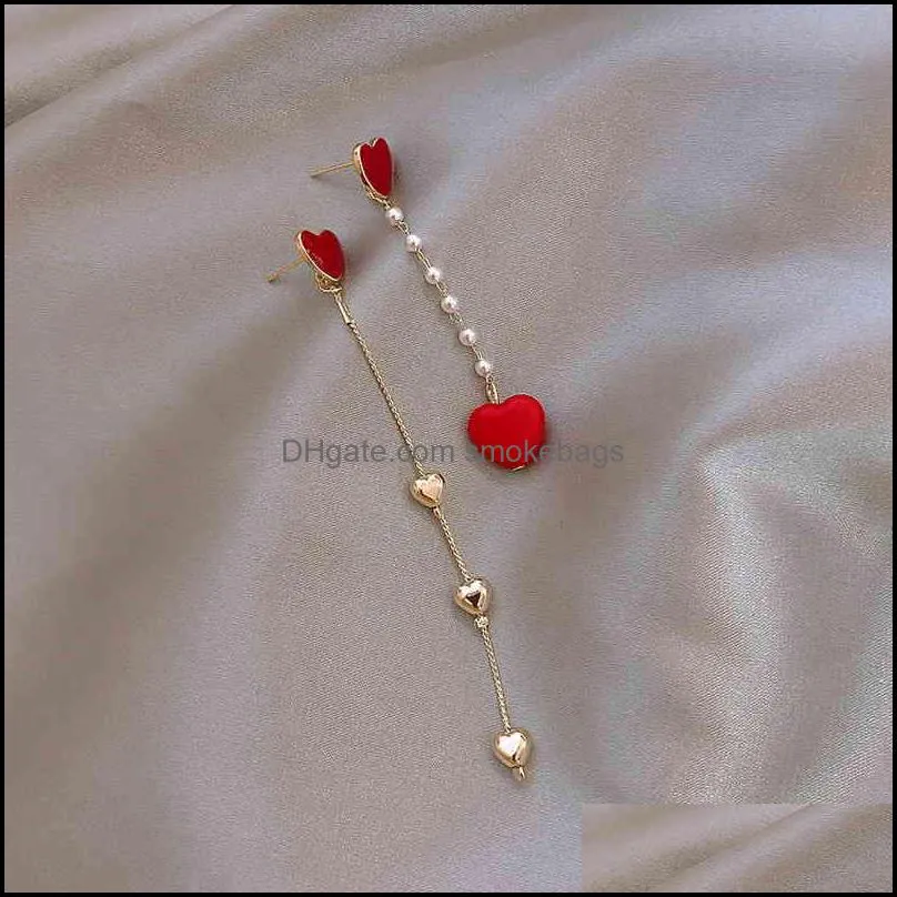 Korean New Asymmetric Red Heart Stud For Women Creative Hollow ECG Tassel Zircon Pearl Earrings Girl Party Jewelry Gift