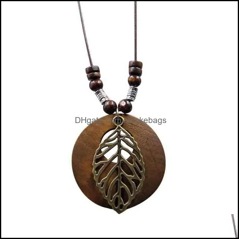 Ethnic Round Wooden Leaf Owl Long Sweater Chain Necklace Women Retro Clock Pendant Female Jewelry Neck Accsori Gifts Collar