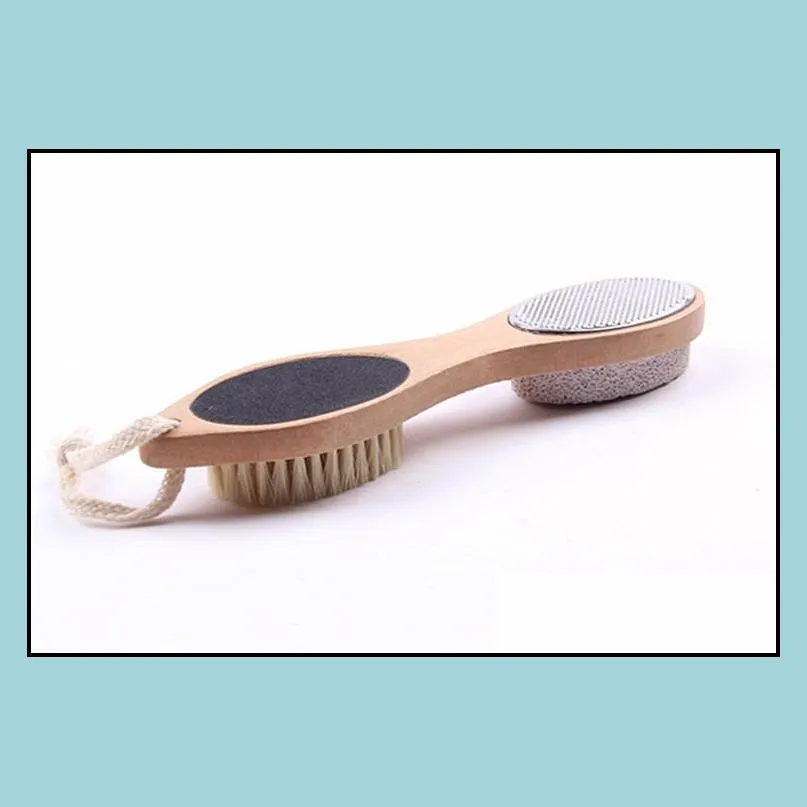 4-in-1 foot brush pumice stone steel file callus reducer foot scrubber natural boar bristle brush with natural wood