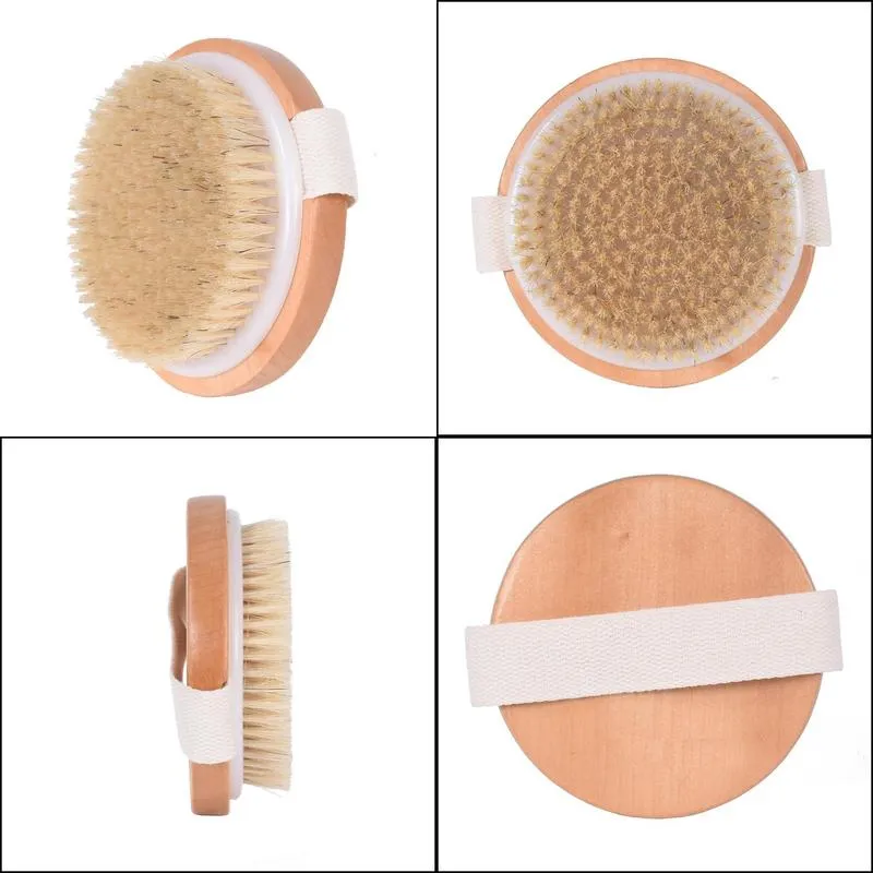 round natural boar bristles body brush cellulite circulation spa massage wood handle shower brush back brush