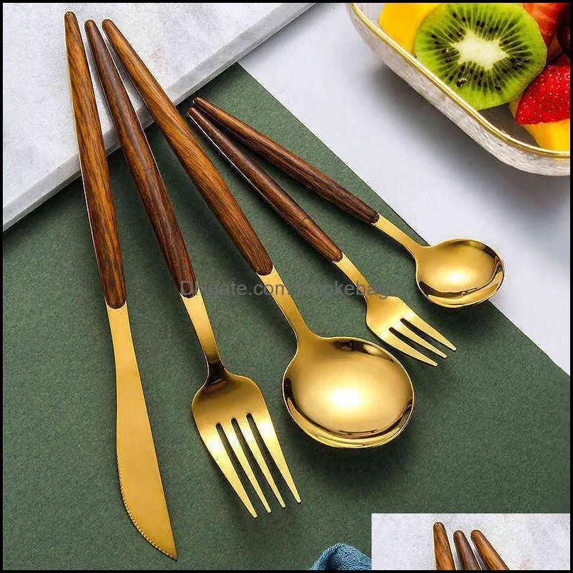 20/30Pcs Wooden Tableware for Kitchen Cutlery Set Stainless Steel Dinnerware Sets Glossy Wood Western Food Knife fork Teaspoon 211222