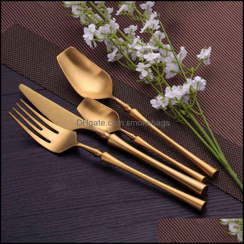 Stainless Steel Gold Cutlery Sets Tableware Dinnerware Matte Kitchen Knives Forks Spoons Flatware Silverware Wedding 211222