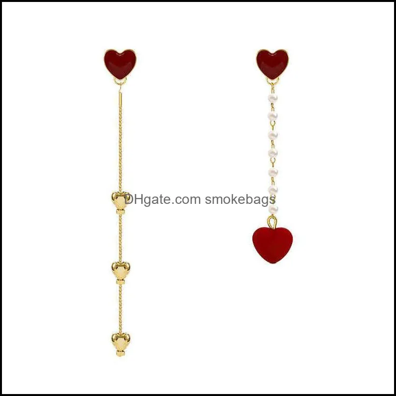 Korean New Asymmetric Red Heart Stud For Women Creative Hollow ECG Tassel Zircon Pearl Earrings Girl Party Jewelry Gift