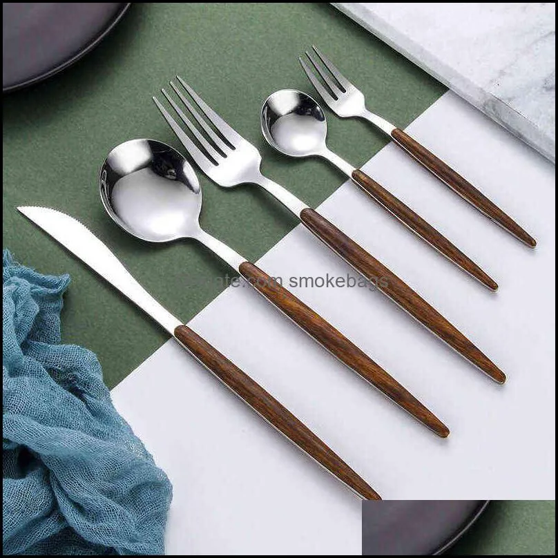 20/30Pcs Wooden Tableware for Kitchen Cutlery Set Stainless Steel Dinnerware Sets Glossy Wood Western Food Knife fork Teaspoon 211222