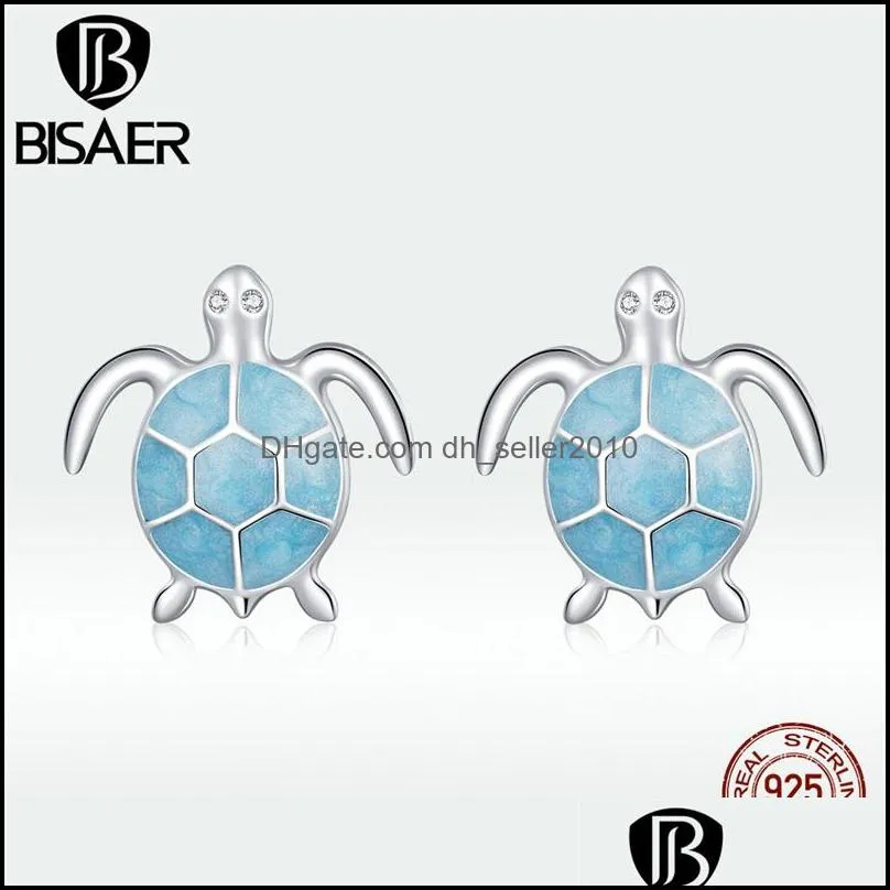 Ocean Blue Turtles Stud Earrings for Women 925 Sterling Silver Glass and CZ Studs Jewelry Girl Birthday Gifts 1994 Q2