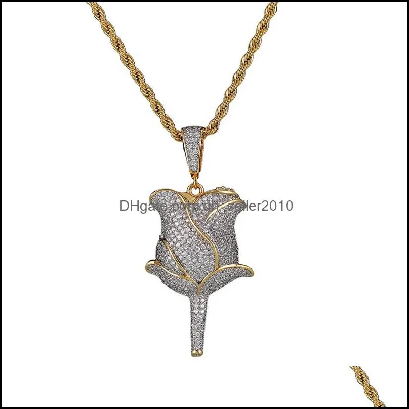 hip hop rose flower pendant necklace with rope chain iced out cubic zircon bling men jewelry 1005 b3