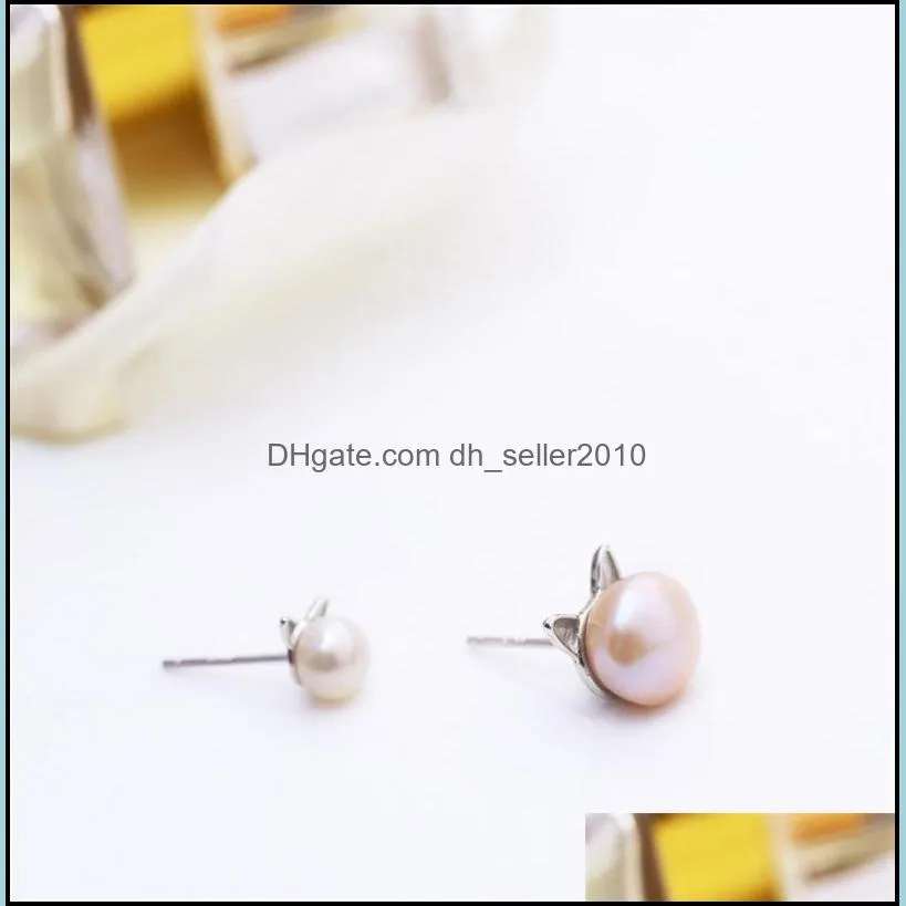 Creative Simple Craft Cute Animal 925 Sterling Silver Jewelry Small Cat Hollow Pierced Pearl Female Earrings SE64 463 B3