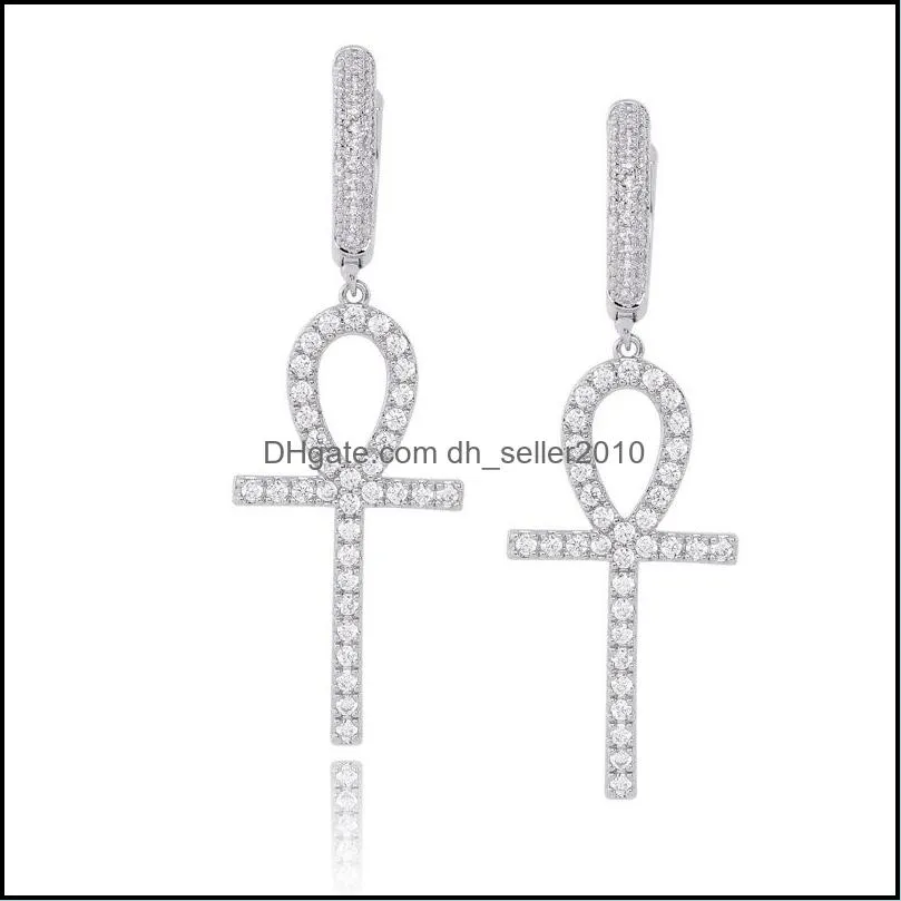 Iced Zircon Ankh Cross Earring Gold Silver Color Micro Paved Bling CZ Stone Earrings For Man Women Hip Hop Jewelry 580 Q2