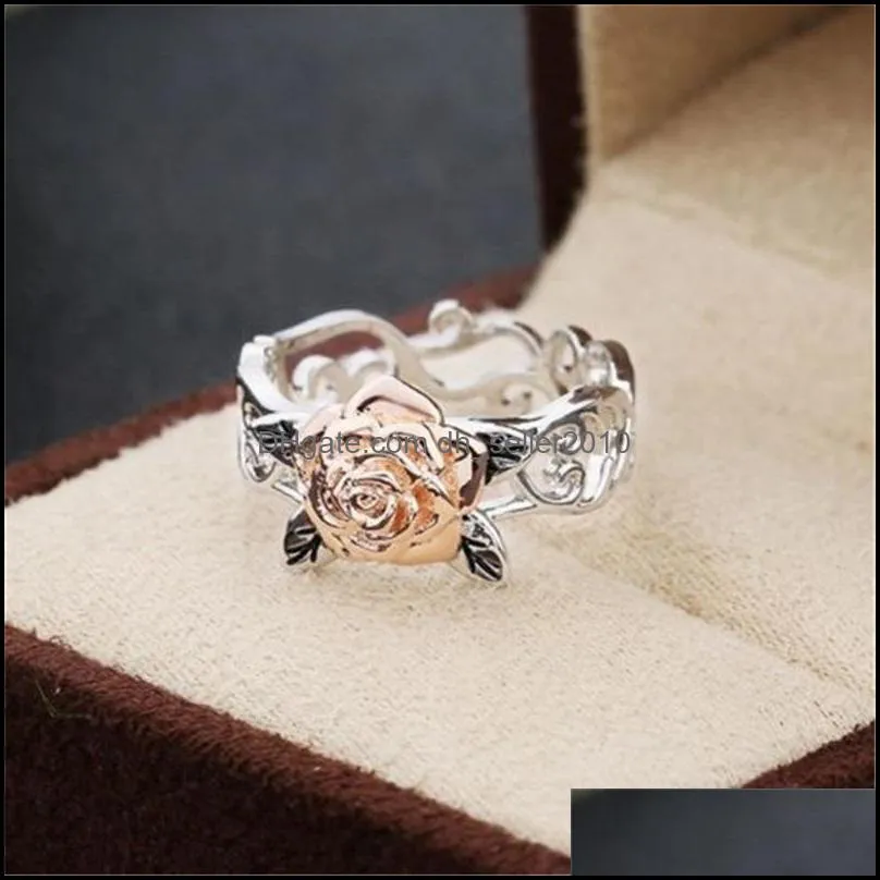 Rose Gold Plating Rings Flower Retro Silver Plated Color Separation Hand Jewelry Women Gifts Valentines Day Wedding Ring Fashion 2 28ql