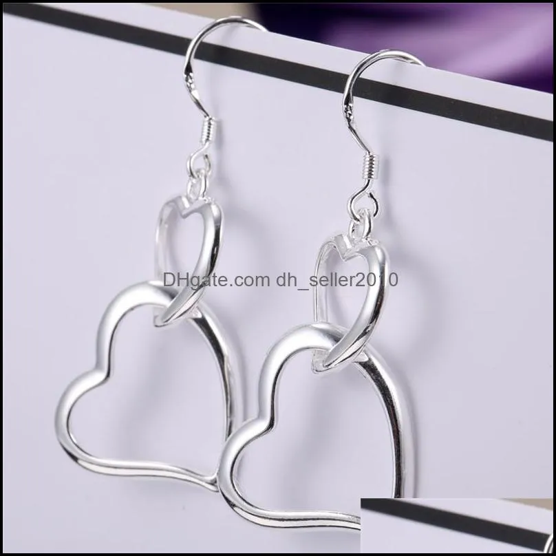 Lady Copper Earrings Silver Plated Double Love Heart Shaped Eardrop Charms Ear Pendants Valentine Day Jewelry Findings Fashion 2 5yl