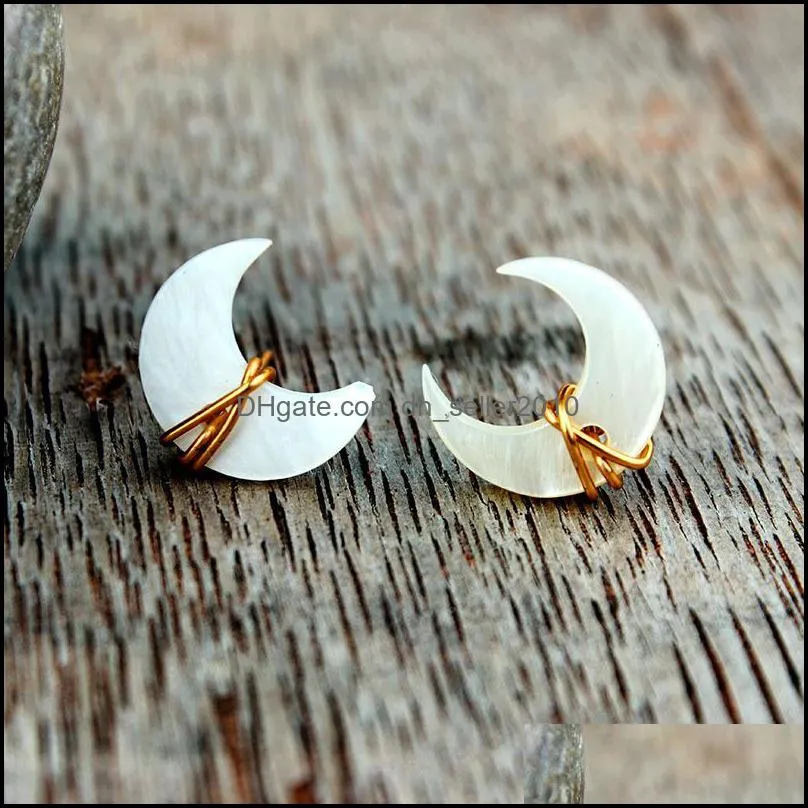 Unique Crescent Moon Stud Earrings Msee pic Pearl Gemstone Post in Gold Sterling Silver Handmade Wire Wrapped Ear Wedding Jewelry 98 M2