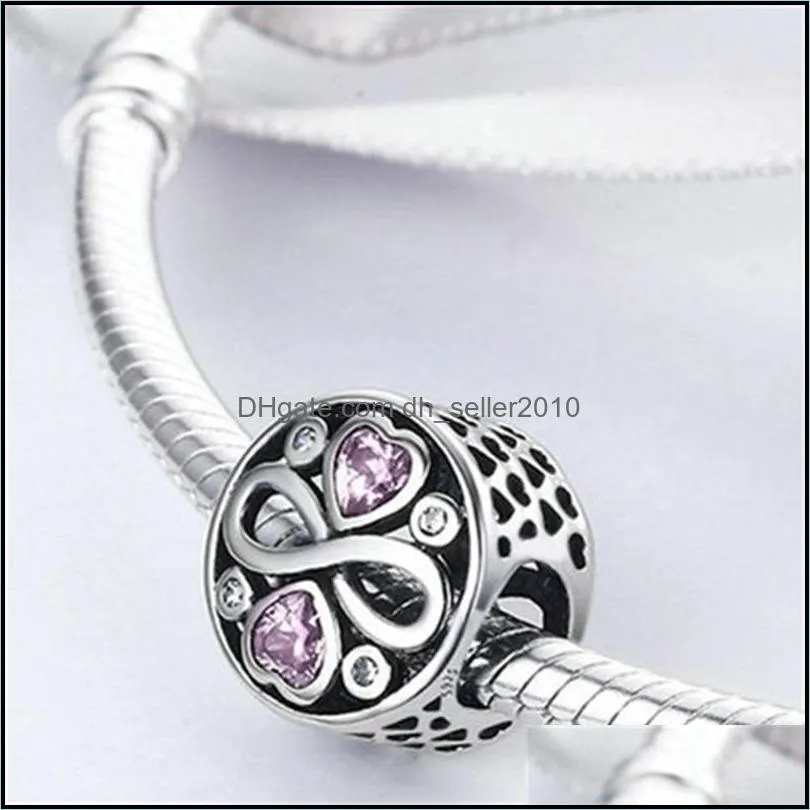 Charms Authentic 925 Sterling Silver Infinity Love Pink Heart Crystal Beads Fit Charm Bracelets Fine Jewelry S925 2003 Q2