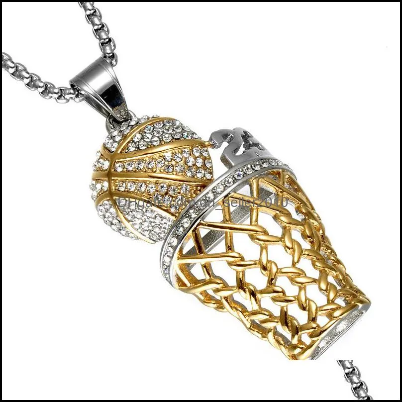 HIP Hop Iced Out Full Rhinestone Basketball Pendant Necklaces Gold&Silver Stainless Steel Sports Necklace for Mens Fashion Jewelry 719