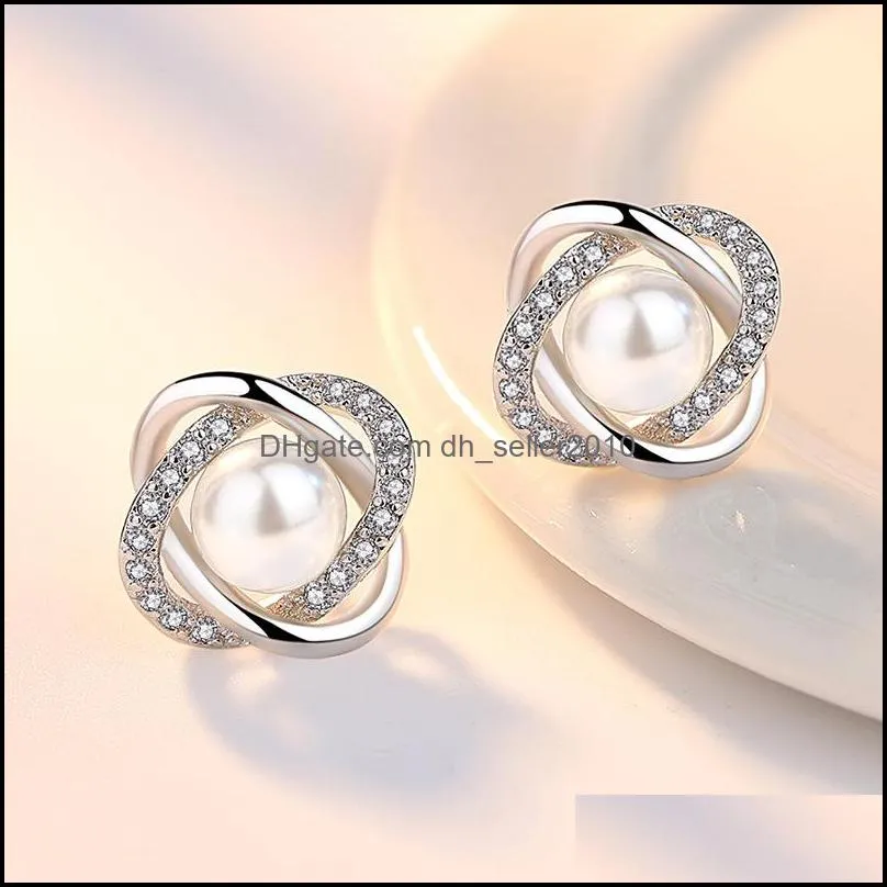 925 Sterling Silver Woman Fashion Jewelry Crystal Zircon Pearl Flower Retro Earrings