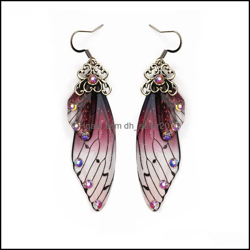 Dangle Chandelier Fashion Femme Wing Drop Earrings Gold Color Fairy Tale Cicada Wings Earring Rhinestone Purple Earrings Vintage Jewelry Gifts 216