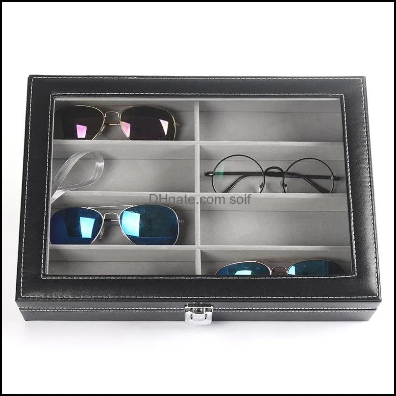 Eight Grid Glasses Storage Box Cortex Sunglasses Display Cases Leather Density Board Open Lid Design Fashion Black Square 22hxC1