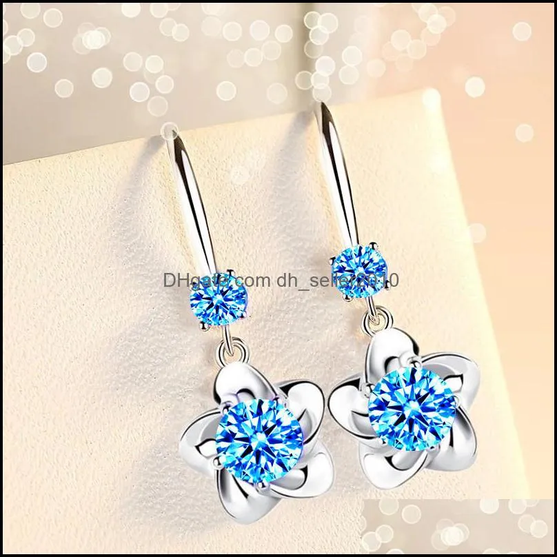 925 sterling silver new women`s fashion jewelry pink blue white crystal zircon long tassel flower hook type earrings 792 Z2