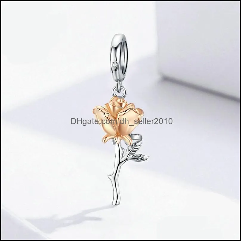 3D Rose Flower Pendant Charm 925 Sterling Silver Rose Gold Color Charms for Bracelet or Necklace DIY Bijoux