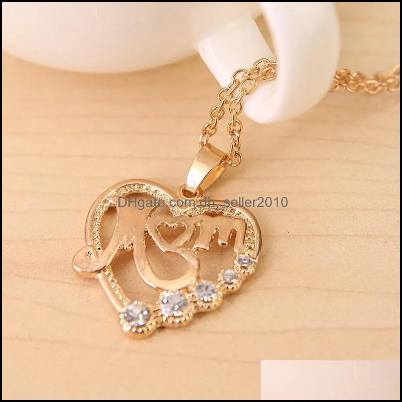 Luxury MOM Love Heart shape Necklaces Austrian crystal Hollow Pendant Gold Silver chains For women Mama Jewelry Msee pic`s Day gift 309