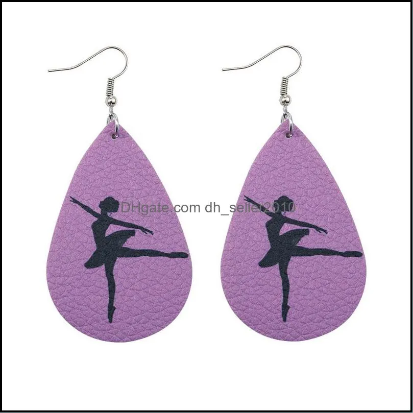Charm Design PU Leather Earrings Ballet Friendship MUM Love Printed round Teardrop Dangle Earring for Women Girl Party Jewelry Gift