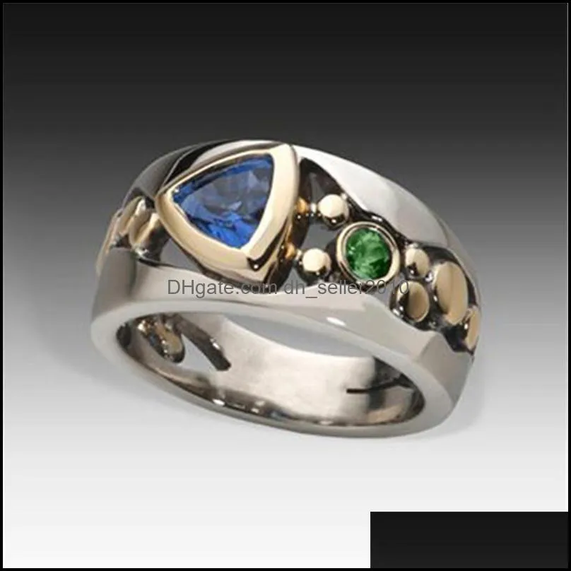 Rhinestone Inlay Rings With Side Stones Hollowing Out Decorative Pattern Green Blues Zircon Alloy Sapphire Ring Jewelry Women Exquisite Fashion