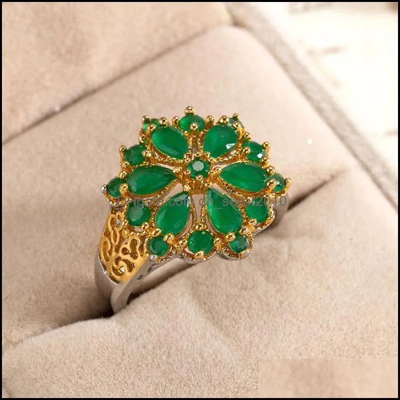 green Zircon Flower Finger rings for women Gold color Hollow out Wedding Engagement party jewelry Bague femme