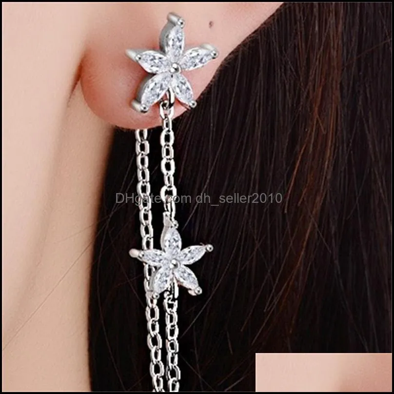 Clear Crystal Star Flower Tassels Earring For Women Fashion silver jewelry Brincos Bijoux 3782 Q2