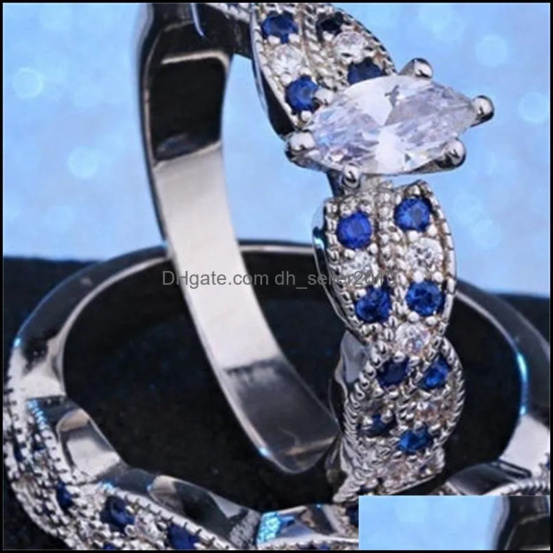 Luxury 2pcs/set Classic Marquise Cut Silver Plated Diamond CZ Engagement wedding Ring Set Jewelry Size 6-12