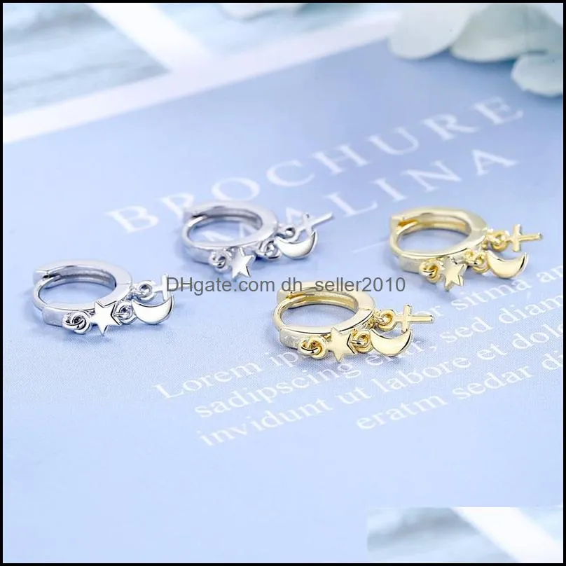 925 Sterling Silver New Woman Fashion Jewelry Simple Star Moon Cross Golden Silver Earrings