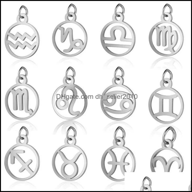 Stainless Steel Round Shape 12 Constellations Zodiac Charms Diy Fashion Making Accessroies Bracelet Necklace Pendant Jewelry