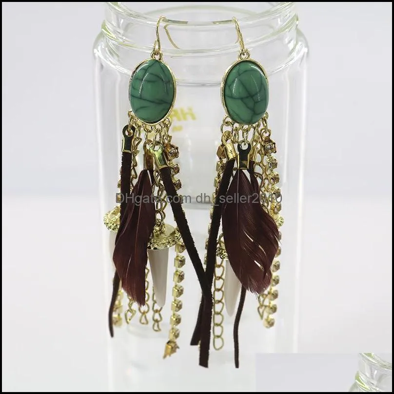 Feather Leather Rope Turquoise Dangle Earrings Diamond Inlay Multi Storey Imitation Natural Stone Drop Earring Women Fasion Jewelry 6 5le