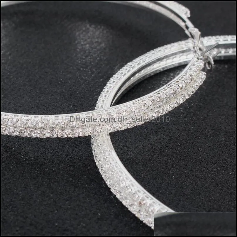 Party Fashion Trendy Round Hoop Big Charm Earrings Rhinestone Circle Earrings Elegant Simple Pierced Silvery Golden