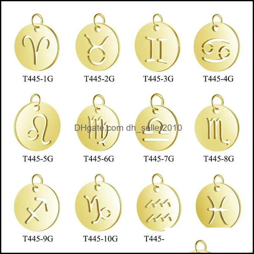 Stainless Steel Round Shape 12 Constellations Zodiac Charms Diy Fashion Making Accessroies Bracelet Necklace Pendant Jewelry