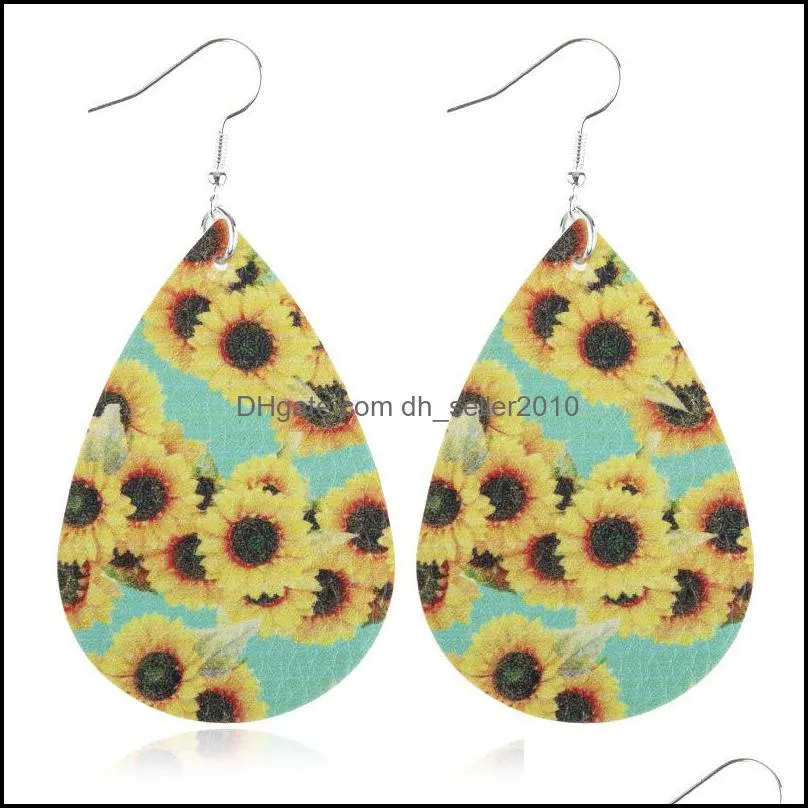 Sunflower Printed Faux Leather Teardrop Earrings Colorful Layered Flower Pattern Water Drop Earrings Creative Gifts