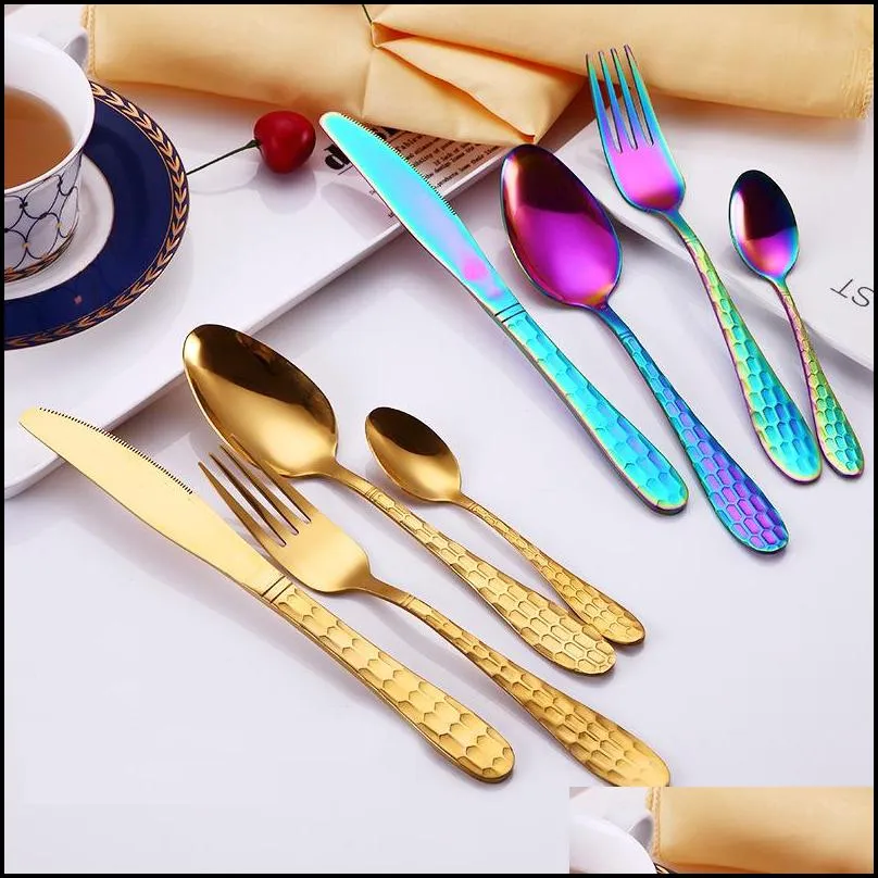 4pcs/set stainless steel flatware set spoon/fork/knife kit water cube tableware sets stainless steel cutlery set dinnerware set