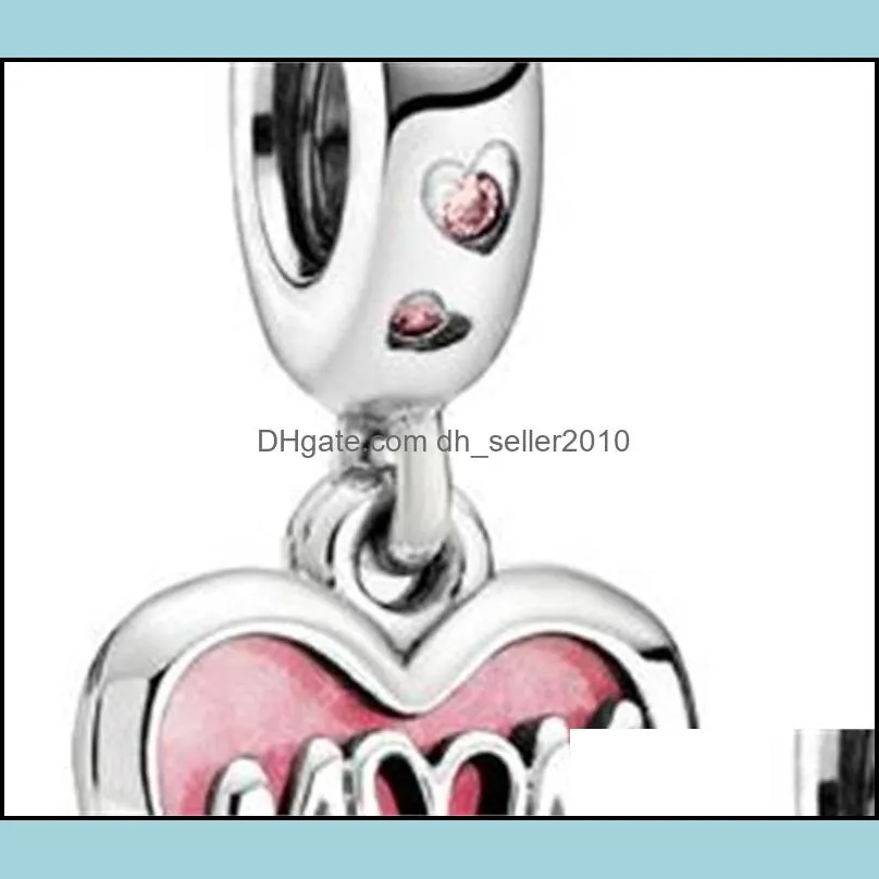 100% 925 Sterling Silver Mom Script Heart Dangle Charm Fit Original European Charm Bracelet Fashion Jewelry Accessories