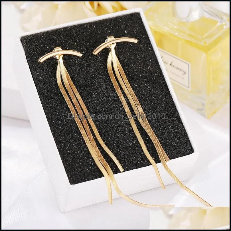 Vintage Gold Color Bar Long Thread Tassel Drop Dangle Earrings Women Girl Design Glossy Arc Geometric Earring Fashion Wedding Jewelry 377