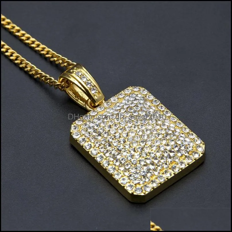 Mens Gold Cuban Link Chain Fashion Hip Hop Jewelry with Full Rhinestone Bling Bling Diamond Dog Tag Iced Out Pendant Necklaces 745 T2