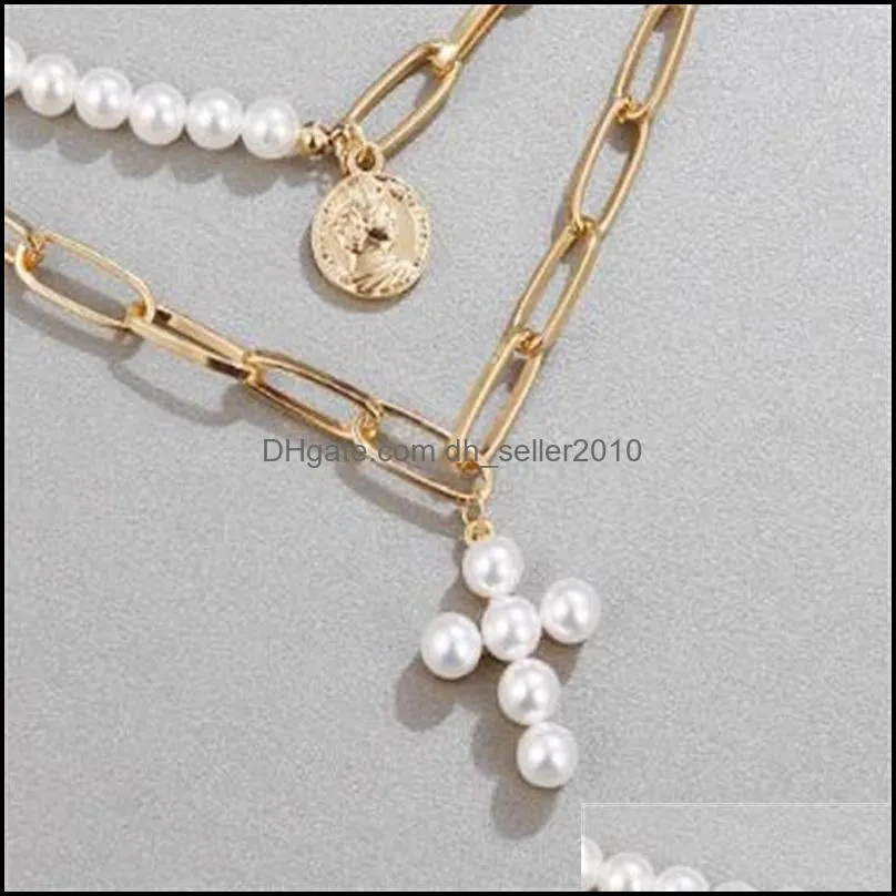 luxury design imitation pearls choker necklace female cross pendant necklaces for women gold color 2021 fashion coin jewelry 503 z2