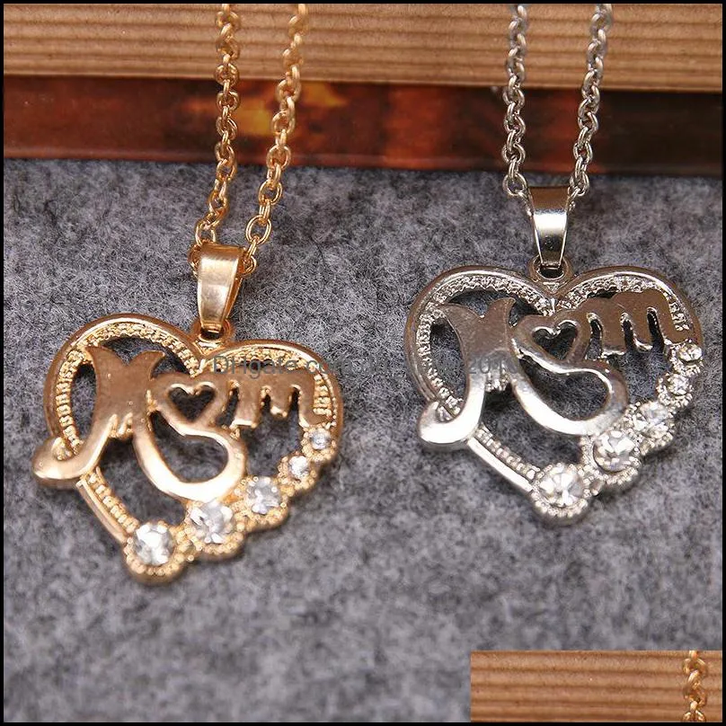 Luxury MOM Love Heart shape Necklaces Austrian crystal Hollow Pendant Gold Silver chains For women Mama Jewelry Msee pic`s Day gift 309