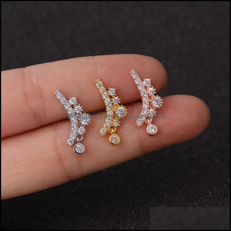 1Pc Gold Zircon Crystal Stainless Steel Barbell Ear Piercing Body Jewelry Cartilage Helix Tragus Rook Lobe Stud Earring 1225 Q2