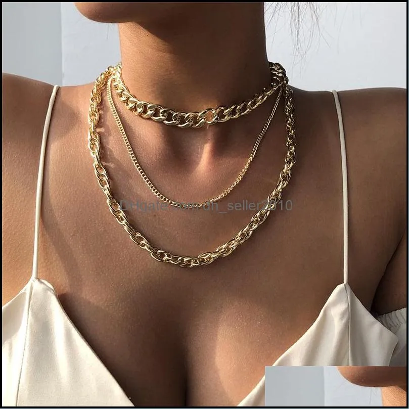 Women Necklaces Jewelry 3 pcs/set Trendy Fashion Gold Silver Color Geometric Alloy Link Chain Necklaces Punk Hip Hop Necklaces 3480 Q2